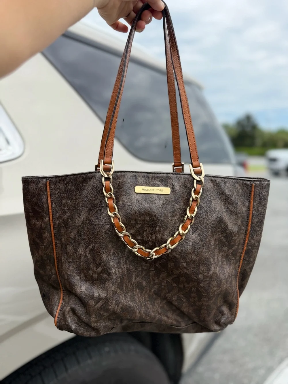 Michael Kors Brown Signature MK Chain-Detail Tote